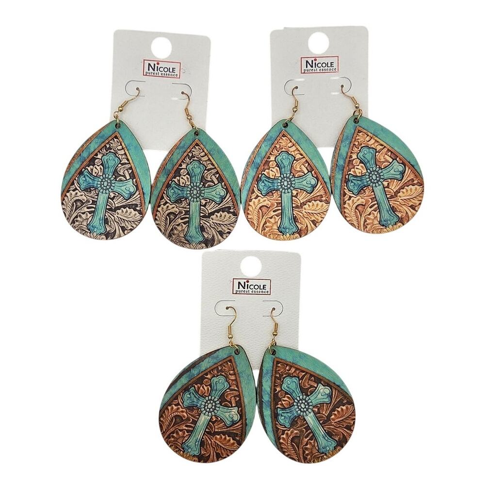3 Pair of  Western Boho Wood Cross Fishhook Earrings #CR4024